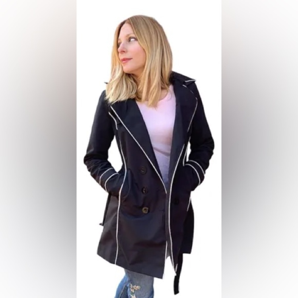 Dennis Basso Black Trench Coat with White Accents